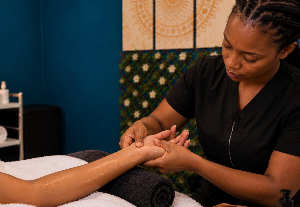 A therapist gently massaging a guest?s hand