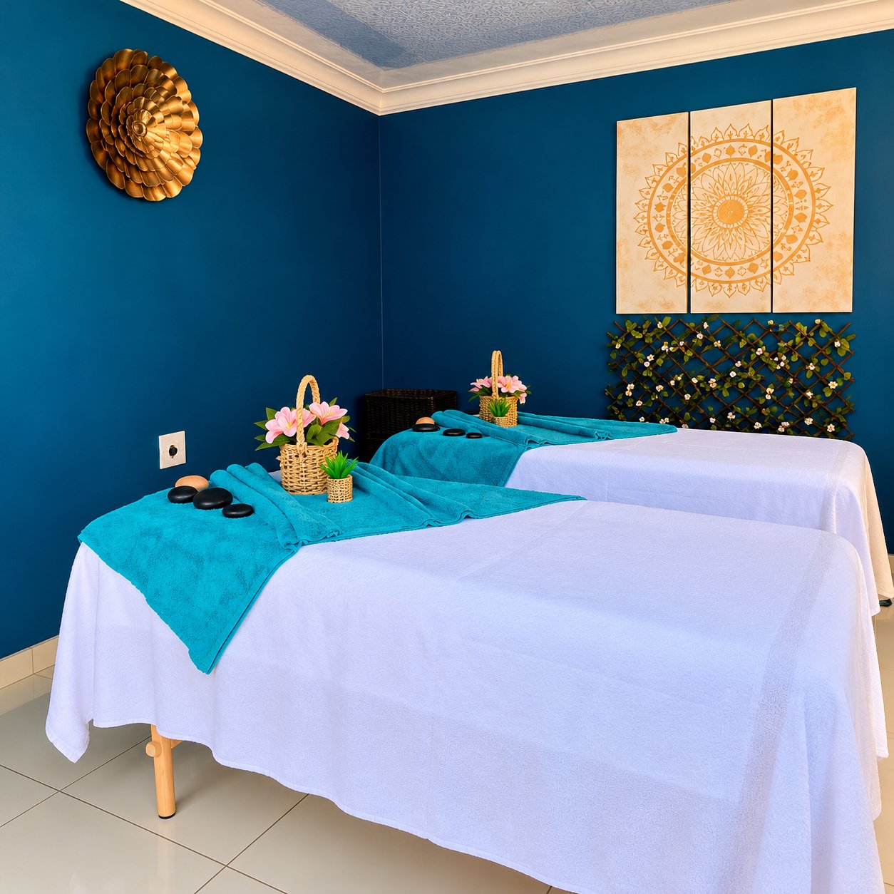 Two prepared treatment beds in Adelaide?s teal spa room
