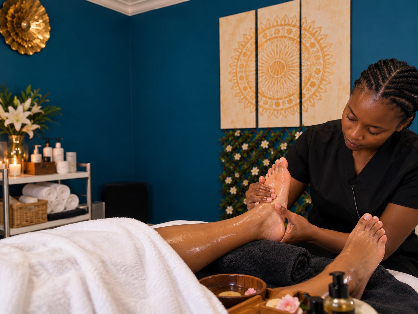 A therapist massaging a guest?s foot during a reflexology treatment